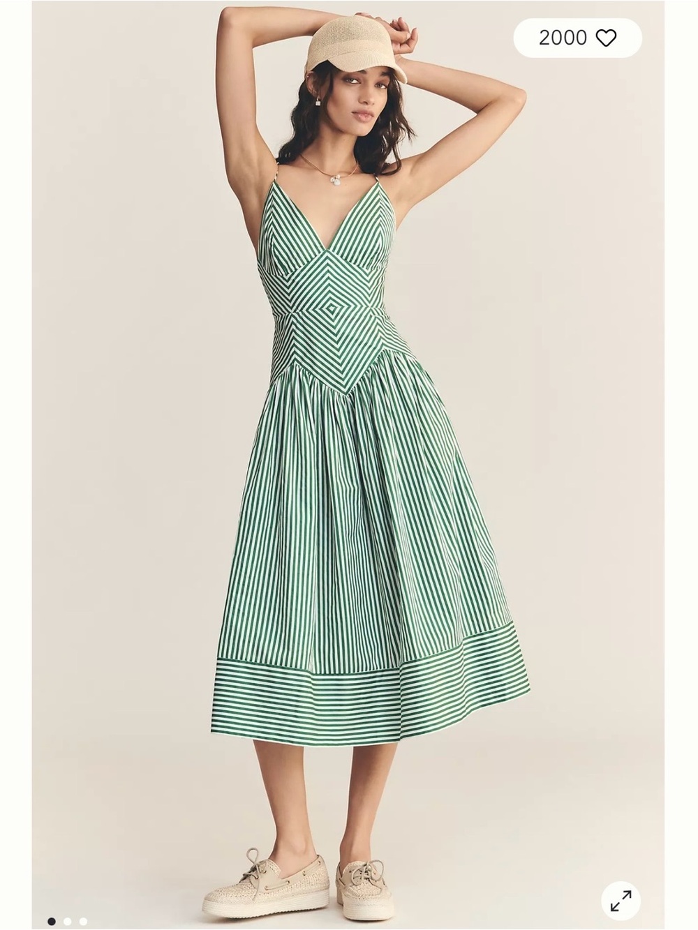 FARM Rio Green and White Striped V-Neck Midi Dress, pre-owned, SZ Large